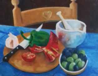 Peppers and olives. Oil on Canvas. 40 x 30cm